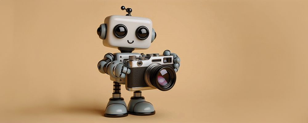 Robôzinho fofo tirando foto com uma câmera antiga.